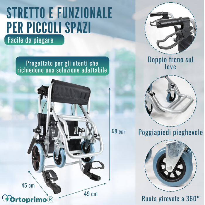 Sedia a Rotelle Stretta da Transito Pieghevole in Alluminio | Freno a Leva