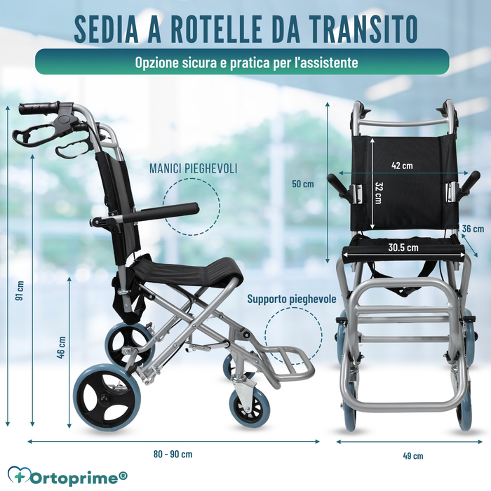 Sedia a Rotelle Stretta da Transito Pieghevole in Alluminio | Freno a Leva