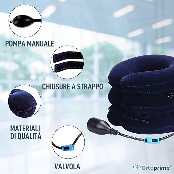Dispositivo Di Trazione Cervicale Gonfiabile Regolabile - Set Con Cuscino E Collare Cervicale + Mascherina In Raso Per Dormire