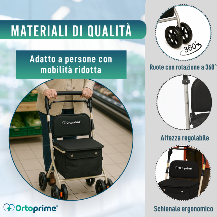 Rollator Pieghevole per Adulti con Carrello Spesa