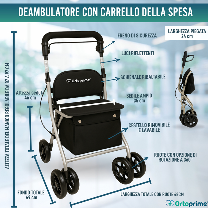 Rollator Pieghevole per Adulti con Carrello Spesa