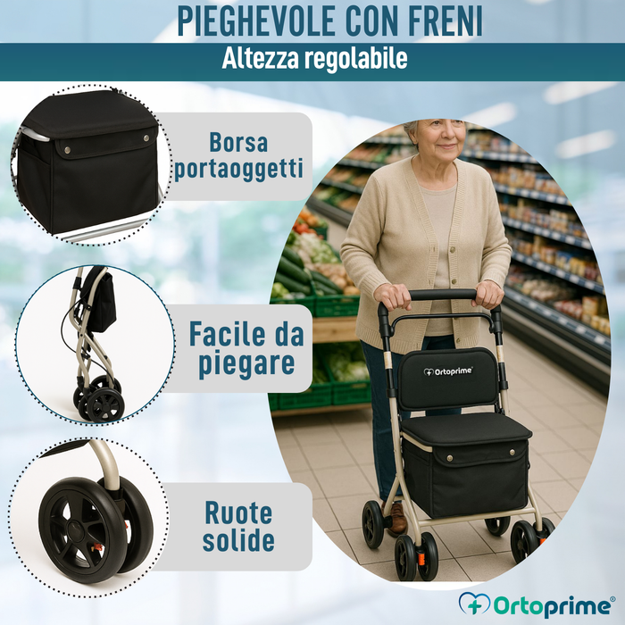 Rollator Pieghevole per Adulti con Carrello Spesa