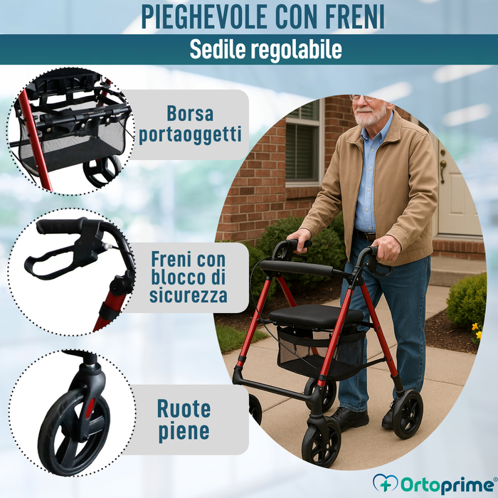 Deambulatore Rollator con Seduta Regolabile Pieghevole