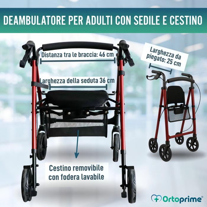 Deambulatore Rollator con Seduta Regolabile Pieghevole
