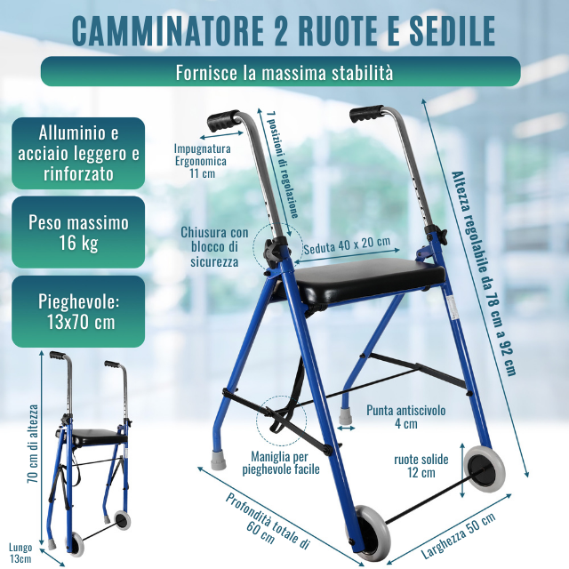 Rollator per Anziani 2 Ruote | Rollator Pieghevoli per Adulti