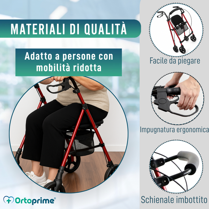 Deambulatore Rollator con Seduta Regolabile Pieghevole