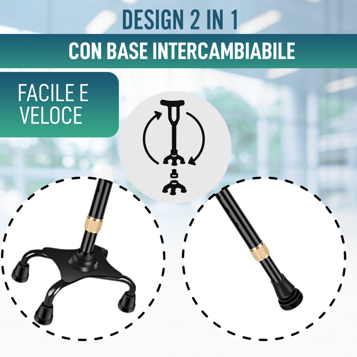 Bastone Quadripode 4 Zampe Regolabile | Con Punta Convertibile