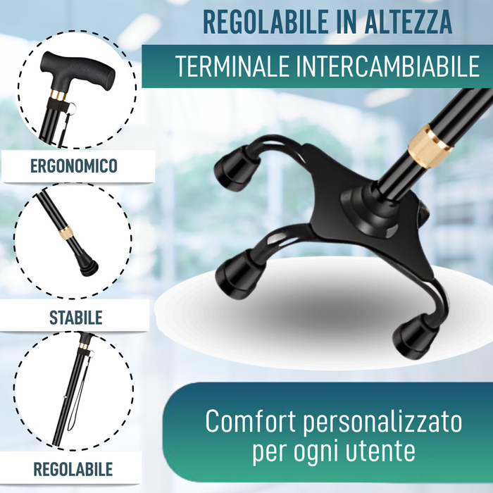 Bastone Quadripode 4 Zampe Regolabile | Con Punta Convertibile
