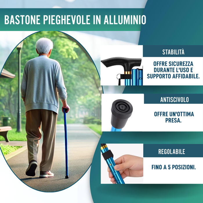Bastone Pieghevole ed Estensibile per Camminare | Blu