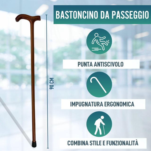 Bastone Anziano da Passeggio in Legno Liscio | Impugnatura Derby