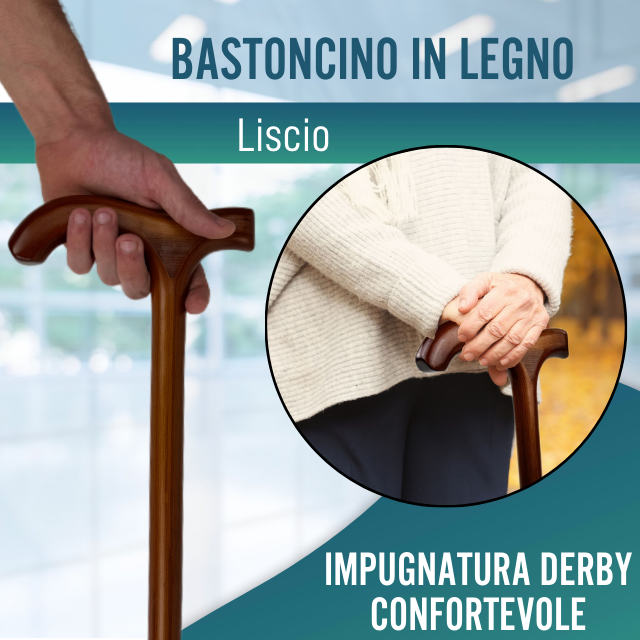 Bastone Anziano da Passeggio in Legno Liscio | Impugnatura Derby