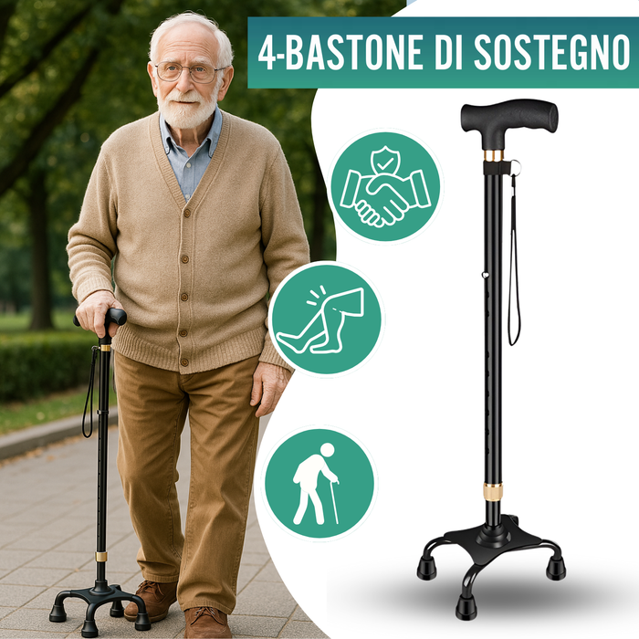 Bastone Quadripode 4 Zampe Regolabile | Con Punta Convertibile