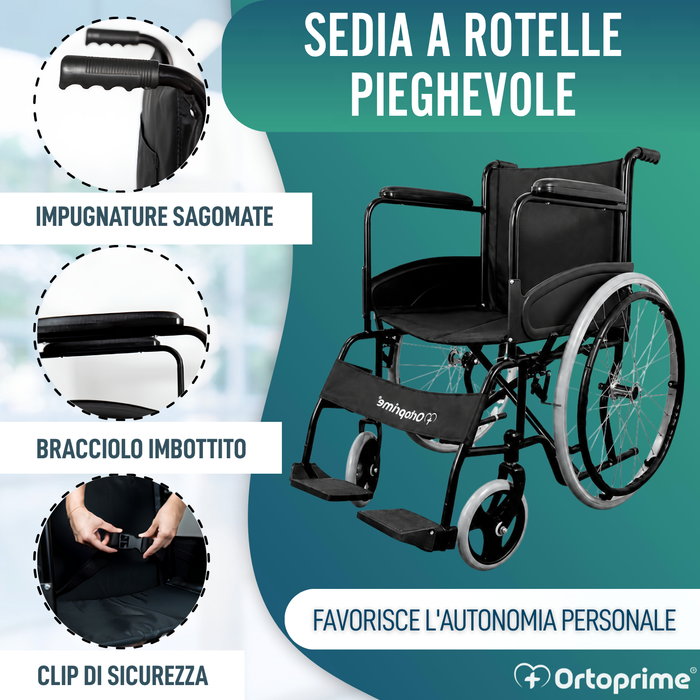 Sedia a Rotelle Pieghevole Auto-Propellente con Cintura di Sicurezza