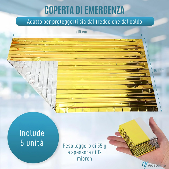 Coperta Termica per Emergenze e Sopravvivenza | Pacchetto x5 Uds