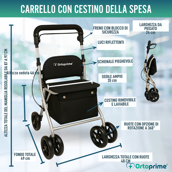 Rollator Pieghevole per Adulti con Carrello Spesa