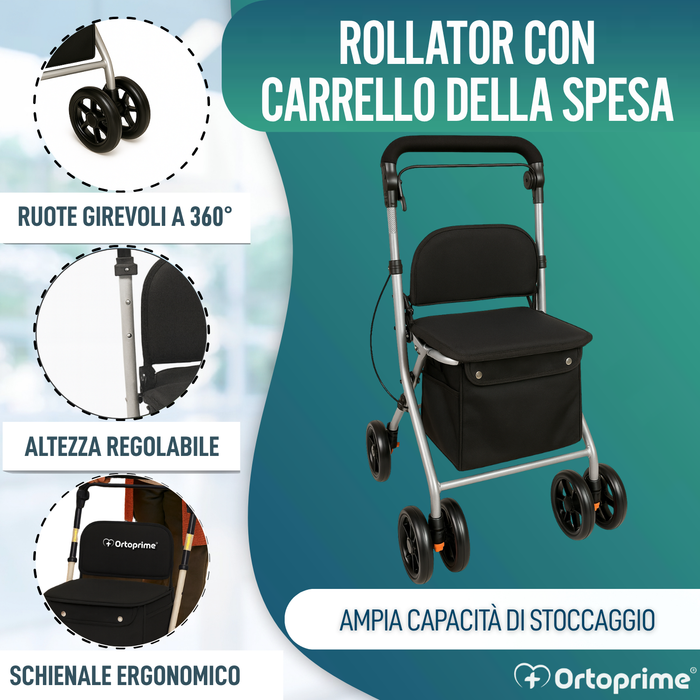 Rollator Pieghevole per Adulti con Carrello Spesa