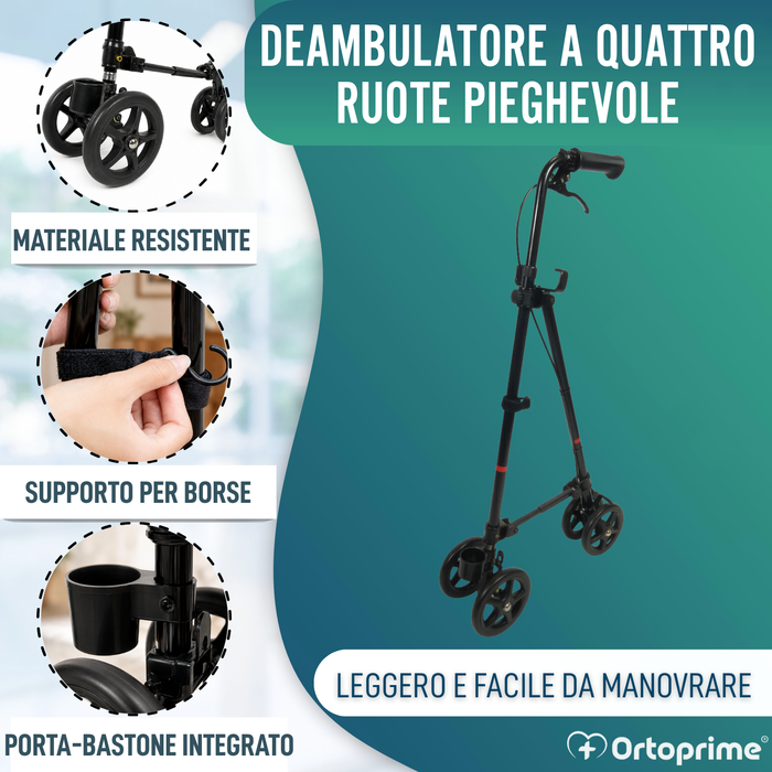Bastone 4 Ruote con Freno Posteriore | Altezza Regolabile