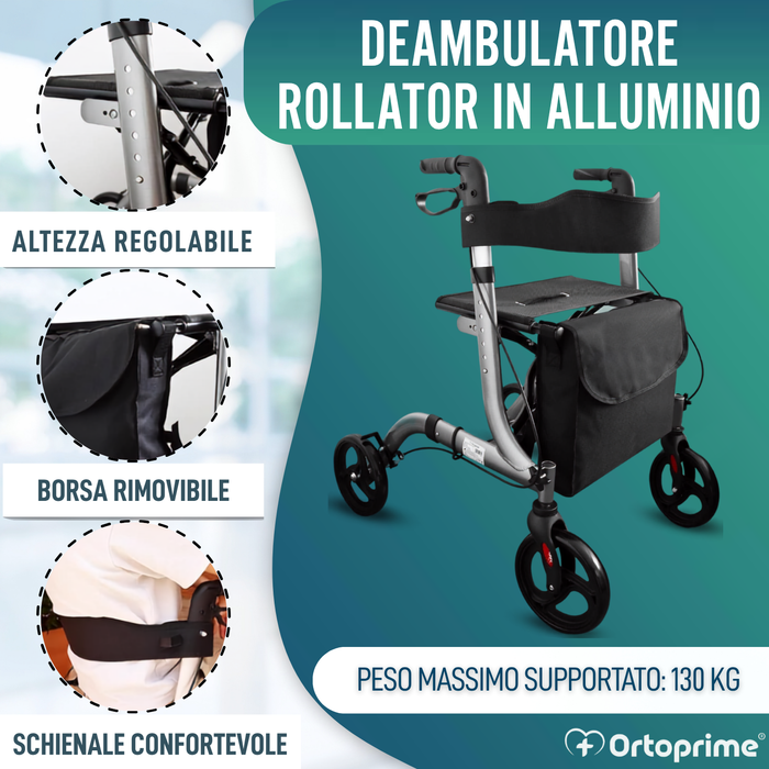 Deambulatore per Anziani in Alluminio Rollator con 4 Ruote Pieghevole Sedile e Freni