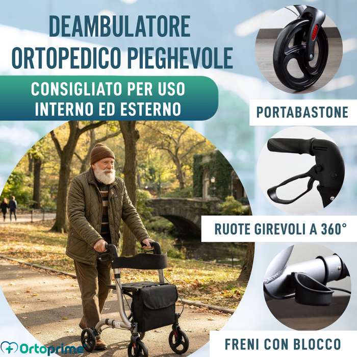 Deambulatore per Anziani in Alluminio Rollator con 4 Ruote Pieghevole Sedile e Freni