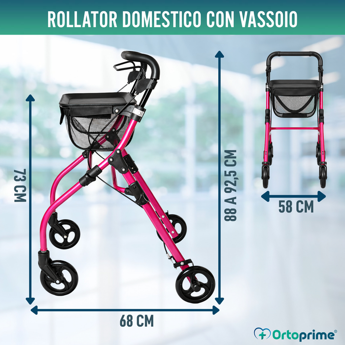 Deambulatore Rollator da Interno Pieghevole con Vassoio