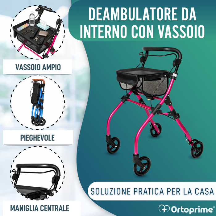 Deambulatore Rollator da Interno Pieghevole con Vassoio