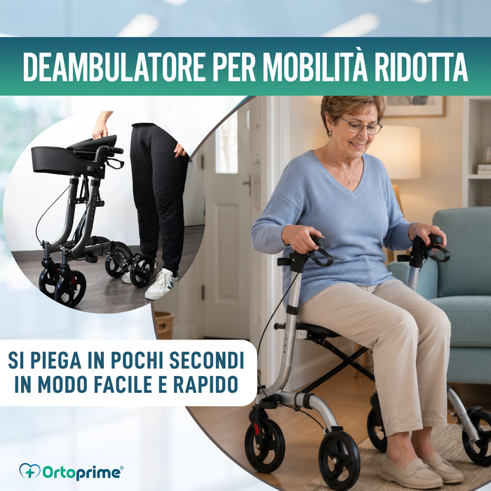 Deambulatore per Anziani in Alluminio Rollator con 4 Ruote Pieghevole Sedile e Freni