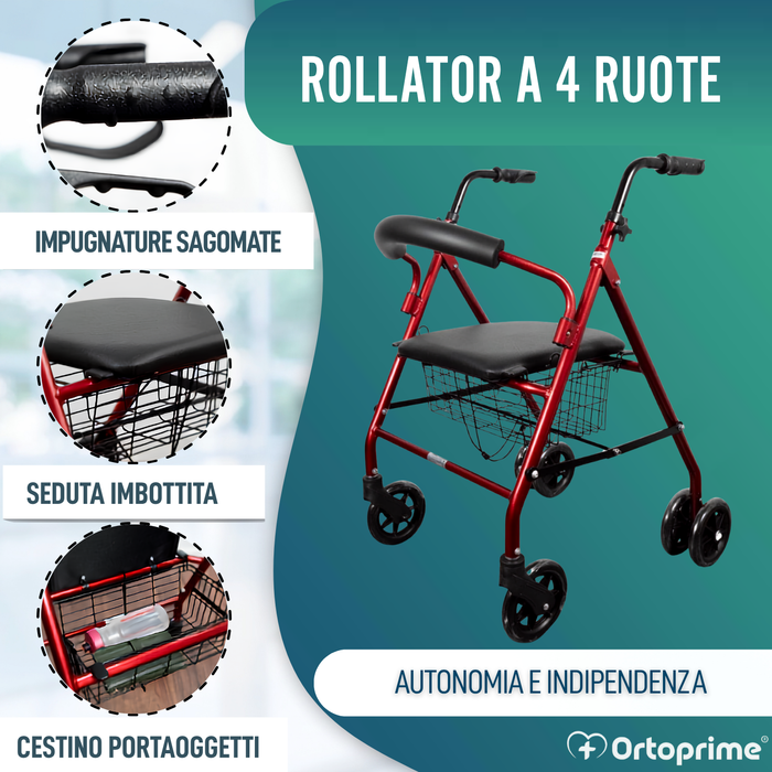 Rollator in Alluminio con Freno di Carico e Seduta Imbottita