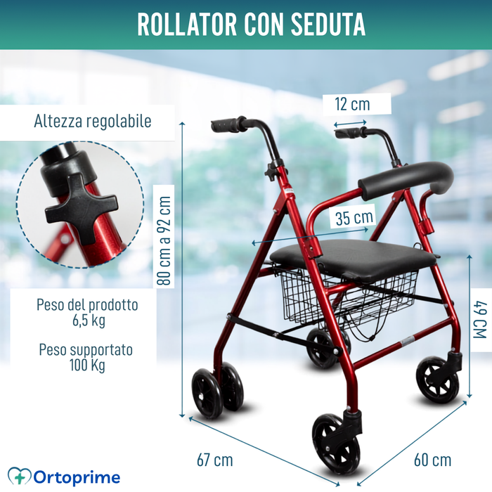 Rollator in Alluminio con Freno di Carico e Seduta Imbottita