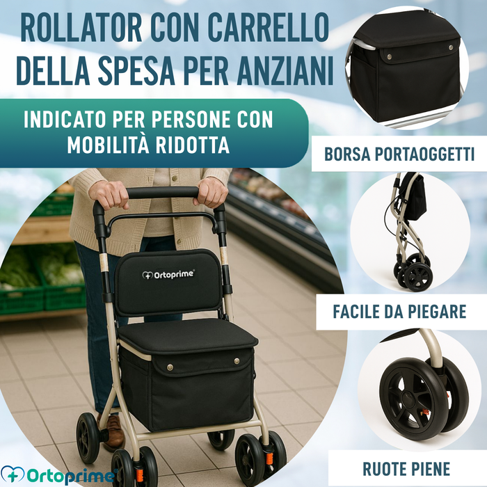 Rollator Pieghevole per Adulti con Carrello Spesa