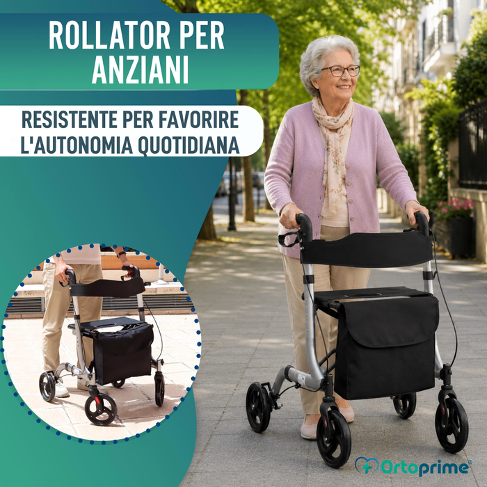 Deambulatore per Anziani in Alluminio Rollator con 4 Ruote Pieghevole Sedile e Freni