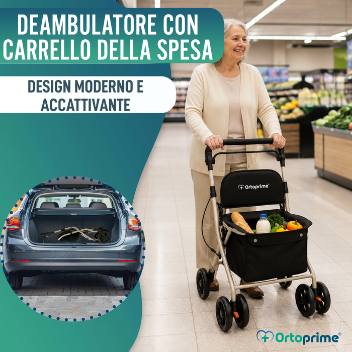 Rollator Pieghevole per Adulti con Carrello Spesa