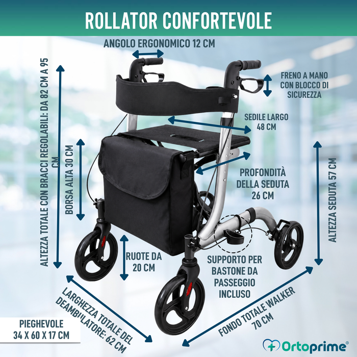 Deambulatore per Anziani in Alluminio Rollator con 4 Ruote Pieghevole Sedile e Freni