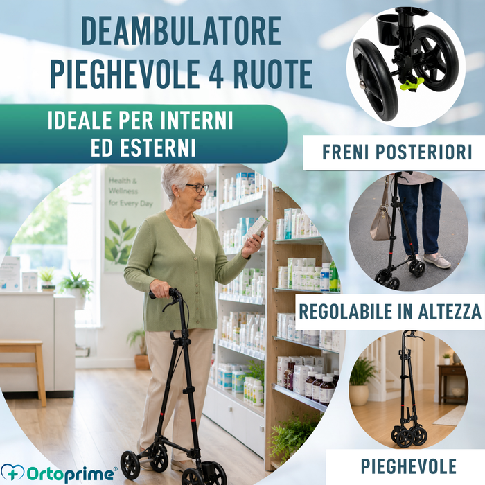 Bastone 4 Ruote con Freno Posteriore | Altezza Regolabile