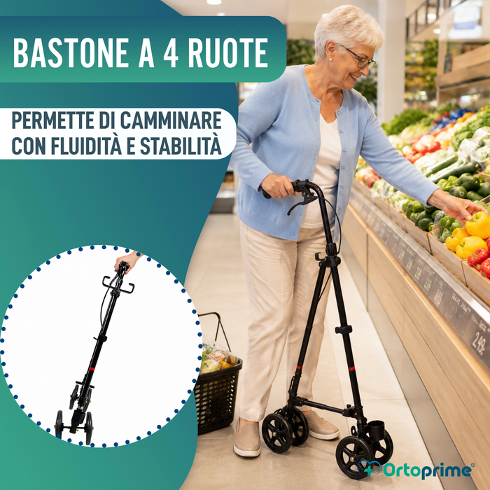 Bastone 4 Ruote con Freno Posteriore | Altezza Regolabile