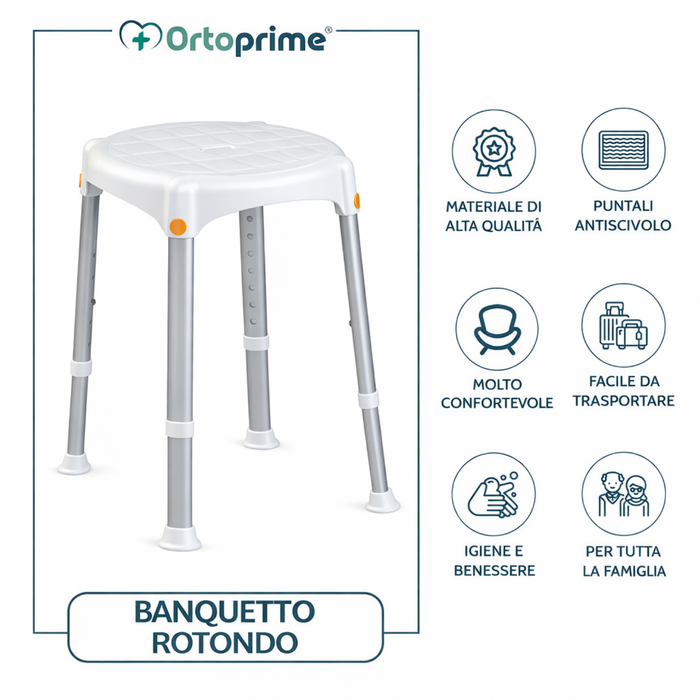 Sgabello Doccia Rotondo Regolabile in Altezza | Smontabile