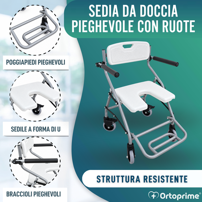 Sedia da Doccia e Bagno Pieghevole con Ruote | Sedile Igienico a U