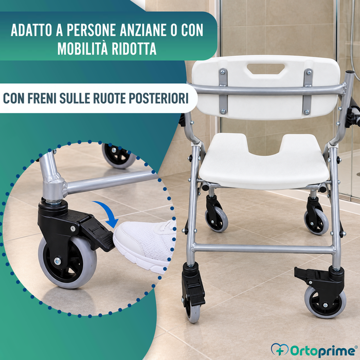 Sedia da Doccia e Bagno Pieghevole con Ruote | Sedile Igienico a U