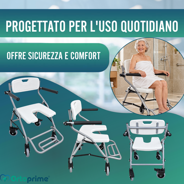 Sedia da Doccia e Bagno Pieghevole con Ruote | Sedile Igienico a U