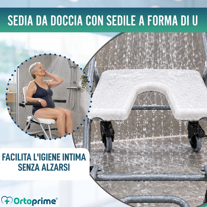 Sedia da Doccia e Bagno Pieghevole con Ruote | Sedile Igienico a U