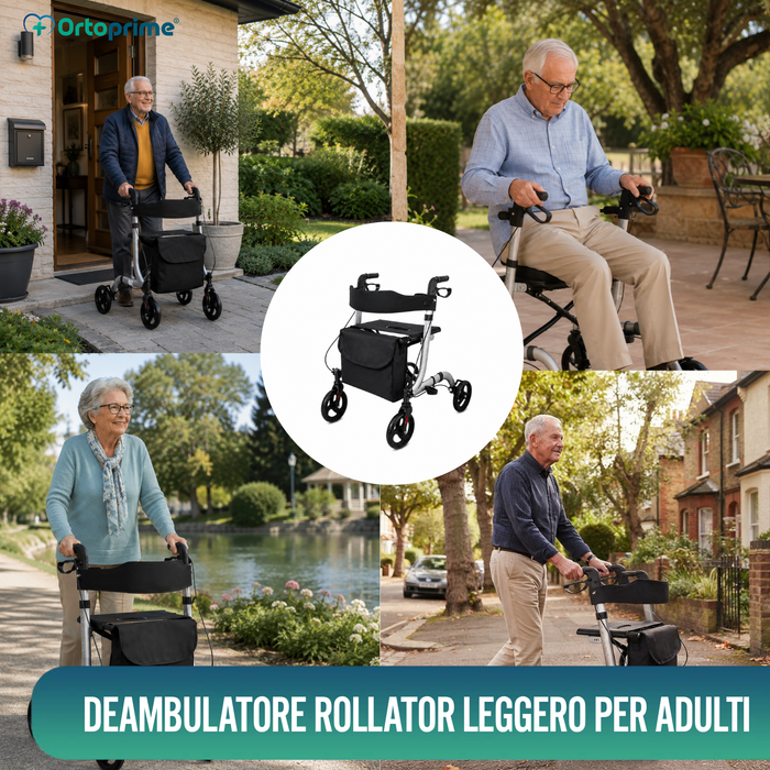 Deambulatore per Anziani in Alluminio Rollator con 4 Ruote Pieghevole Sedile e Freni