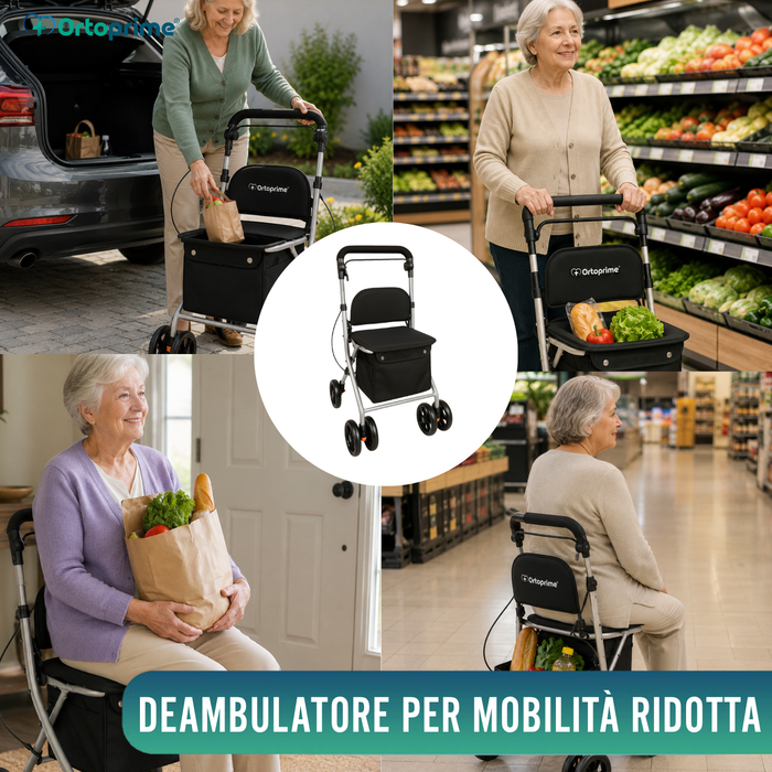 Rollator Pieghevole per Adulti con Carrello Spesa