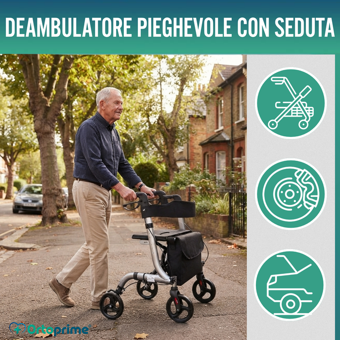 Deambulatore per Anziani in Alluminio Rollator con 4 Ruote Pieghevole Sedile e Freni