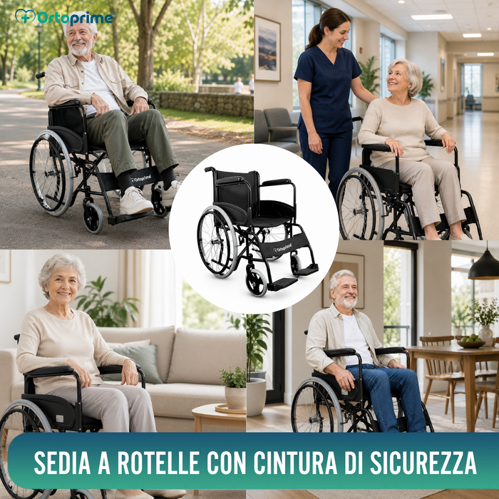 Sedia a Rotelle Pieghevole Auto-Propellente con Cintura di Sicurezza