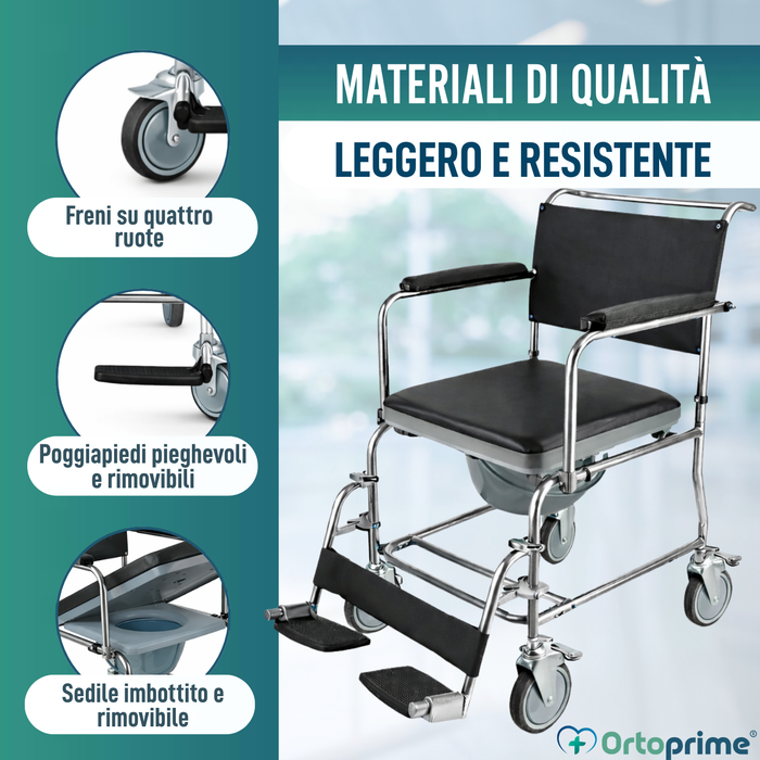Sedia Doccia WC con Ruote e Freno | Imbottita