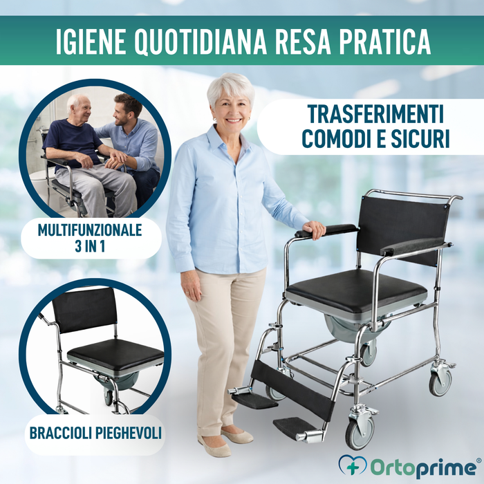Sedia Doccia WC con Ruote e Freno | Imbottita