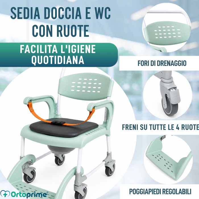 Sedia Comoda Doccia con Ruote 3 in 1 | Sedile con Drenaggio
