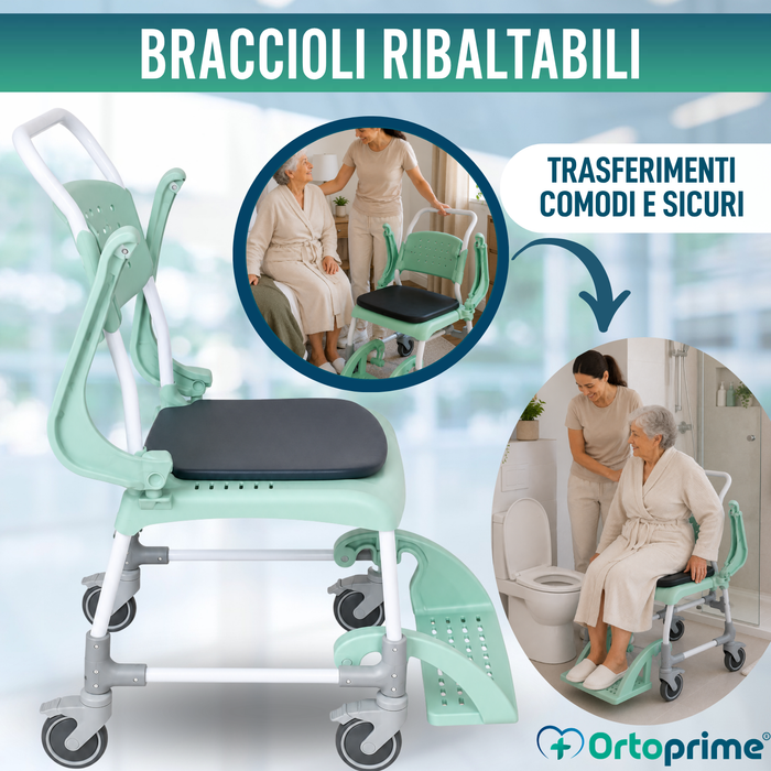 Sedia Comoda Doccia con Ruote 3 in 1 | Sedile con Drenaggio