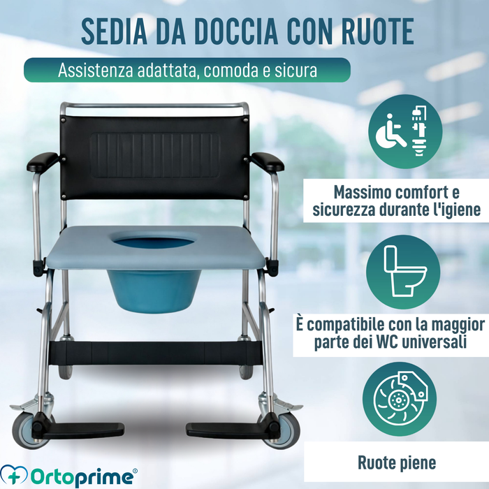 Sedia Doccia WC con Ruote e Freno | Imbottita