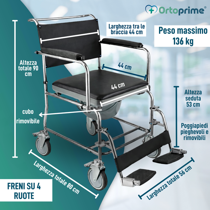 Sedia Doccia WC con Ruote e Freno | Imbottita