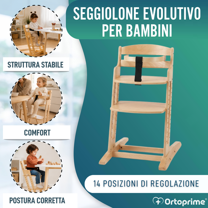 Seggiolone Evolutivo in Legno per Bambini | Altezza Regolabile